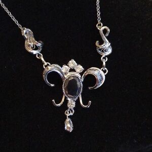 Am Lee Sterling filigree crystals & faceted Hematite, dangling crystal choker